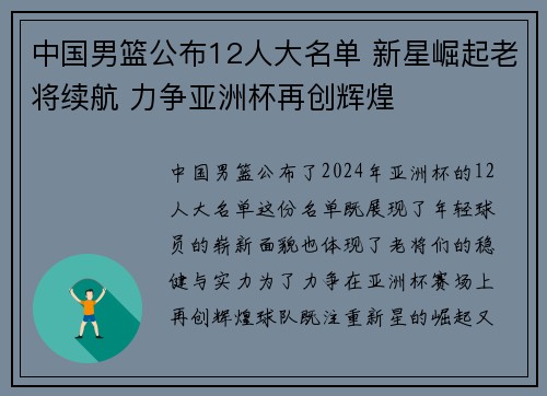 中国男篮公布12人大名单 新星崛起老将续航 力争亚洲杯再创辉煌